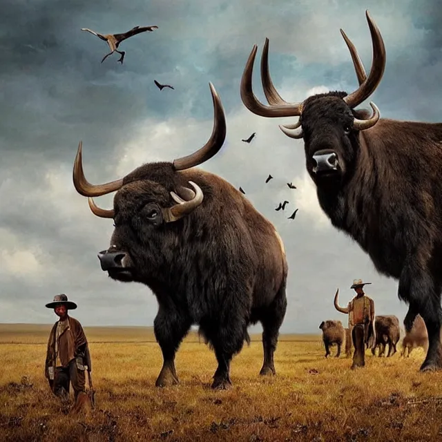 Prompt: incredible modern fable evocative artwork of buffalo hunters, buffalo midnight in the style of tim walker fashion photography, buffalos hunting hunters, fables of the reconstruction