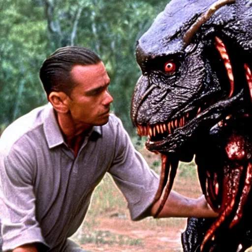 Image similar to movie still from forest gump with yautja predator monster