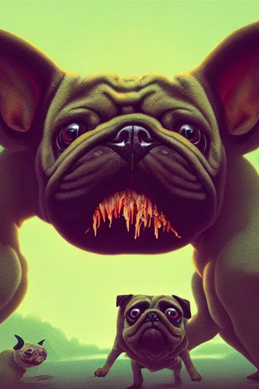 Image similar to demon pug eating flesh. art by mike winkelmann, sticker, illustration, highly detailed,