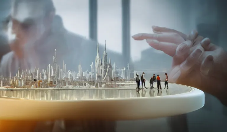 Image similar to gediminas pranckevicius group of people in simple white museum, looking at hologram of futuristic city on a table, cinematic concept art, godrays, golden hour, natural sunlight, 4 k, clear details, tabletop model buildings, center model buildings, hologram center, crane shot, crane shot, crane shot