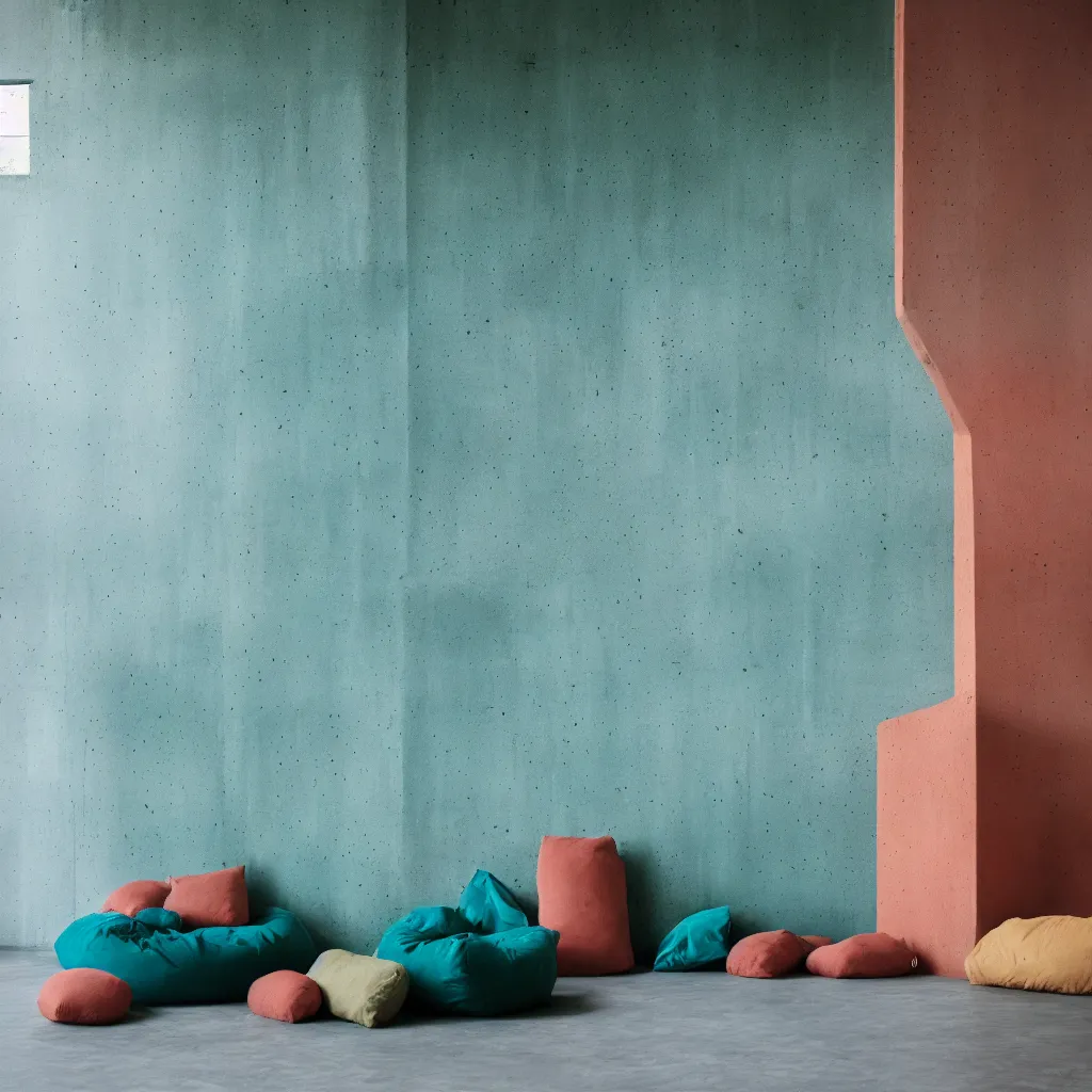 Image similar to kodak portra 4 0 0, 8 k, shot of a highly detailed, britt marling style, colour still - life portrait of a large minimalistic room, rough concrete walls, a single rough carved wooden teal, cannabis store with comfortable beanbags, muted colours