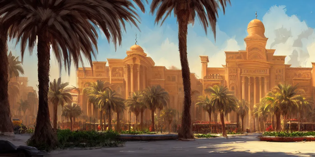 Prompt: a beautiful concept painting in the style of eddie mendoza with a landscape of the khedival opera house in talaat harb square cairo with lush landscaping, date palm trees, shrubs and flowers. eddie mendoza, trending on artstation