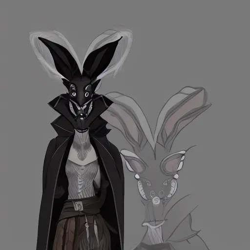 Image similar to anthropomorphic jackrabbit harengon with black skin, wearing stylized monk robes, wearing a very wide brimmed black hat, digital art featured on artstation