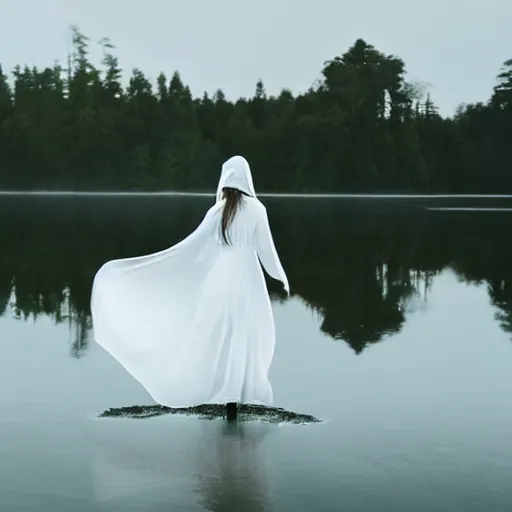 Image similar to a soaking wet ghostly woman in a white dress dancing in a quiet misty lake, high resolution photograph, late autumn, sunset, eerie light