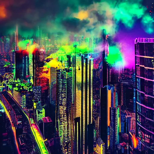 Prompt: cityscape computer device metal black hard angles with cyberpunk city dark background neon rainbow vivid colors stardust photo smoke 8k