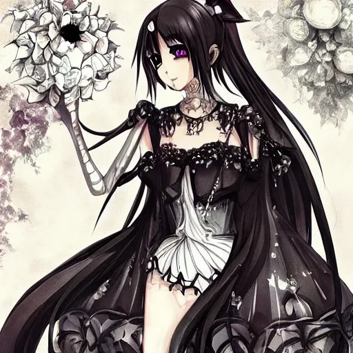 Prompt: beautiful illustration of anime maid, stunning and rich detail, pretty face and eyes. Gothic style, clear and perfect anatomy. Full-body shot from the side