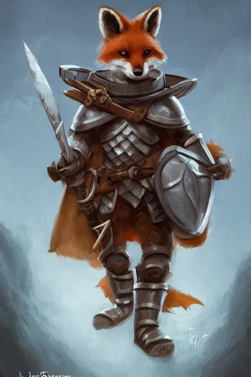 Image similar to cute little anthropomorphic foxy knight wearing a cape and a crown, tiny, small, miniature fox, baby animal, short, pale blue armor, cute and adorable, pretty, beautiful, DnD character art portrait, matte fantasy painting, DeviantArt Artstation, by Jason Felix by Steve Argyle by Tyler Jacobson by Peter Mohrbacher, cinematic lighting