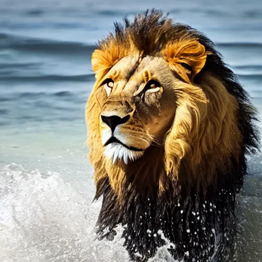 Image similar to a lion's face breaching through a wave