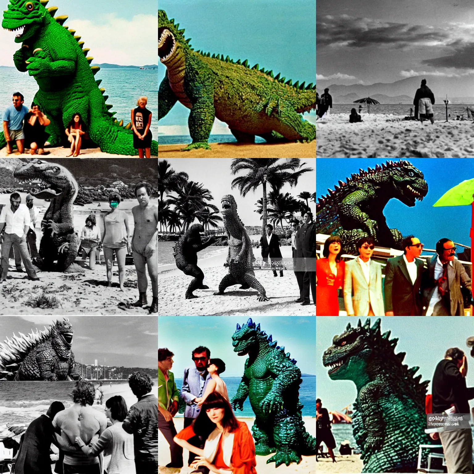 Prompt: photoshoot in technicolor of godzilla on a beach in cannes. godzilla is a big green monster with scales. godzilla is at the center surrounded by jean - luc godard and anna karina. in color. close - up on godzilla, jean - luc godard and anna karina