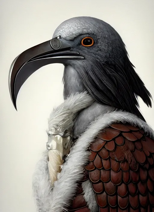 Prompt: rpg! profile! portrait of humanoid bird on white background, beak, white feathers, white clothes, silver armor, plague doctor, intricate, highly detailed, digital painting, artstation, concept art, smooth, sharp focus, illustration, art by norman rockwell emiliano ponzi andrey remnev yoann lossel aaron jasinski, 8 k