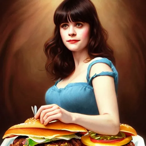 Prompt: portrait of Zooey Deschanel eating hamburgers, extra onions and ketchup, luscious patty with sesame seeds, feminine ethereal, handsome, D&D, fantasy, intricate, elegant, highly detailed, digital painting, artstation, concept art, matte, sharp focus, illustration, art by Artgerm and Greg Rutkowski and Alphonse Mucha