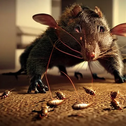 Prompt: a pest control technician being eaten alive by cockroaches and Rats, cinematic, hyper realistic, octane render