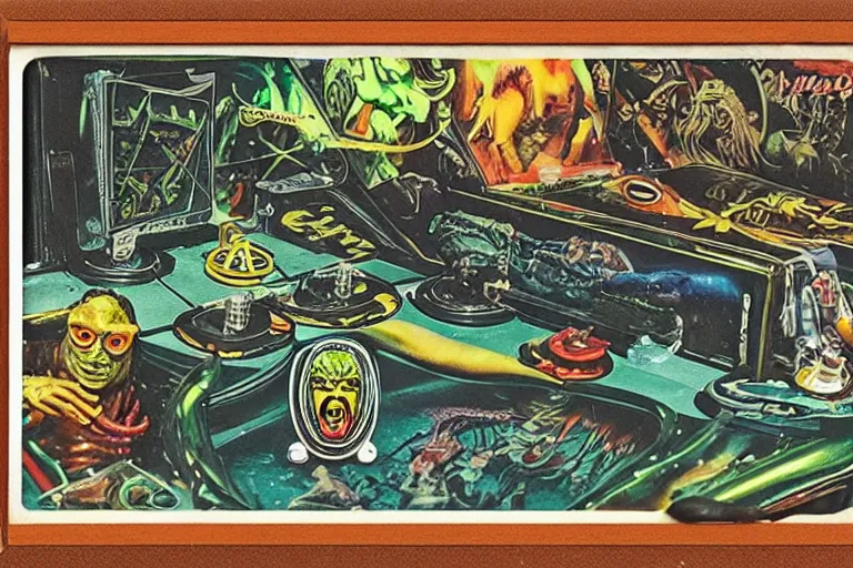 Image similar to vintage pinball machine, creature from the black lagoon, polaroid photo