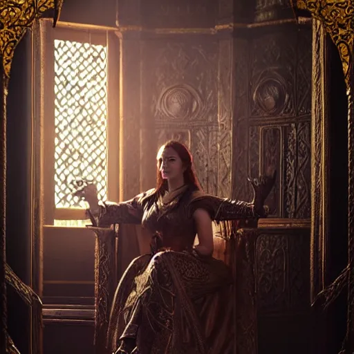 Image similar to the elder scrolls vi, charismatic regal brunette female jarl, portrait, throne room, atmospheric lighting, painted, intricate, volumetric lighting, beautiful, daytime, sunny weather, slight overcast, sharp focus, deep colours, ultra detailed, by leesha hannigan, ross tran, thierry doizon, kai carpenter, ignacio fernandez rios