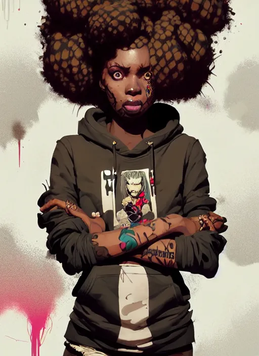 Image similar to highly detailed portrait of a sewer punk african lady, tartan hoody, white afro hair by atey ghailan, by greg rutkowski, by greg tocchini, by james gilleard, by joe fenton, by kaethe butcher, gradient peach, brown, blonde cream and white color scheme, grunge aesthetic!!! ( ( graffiti tag wall background ) )