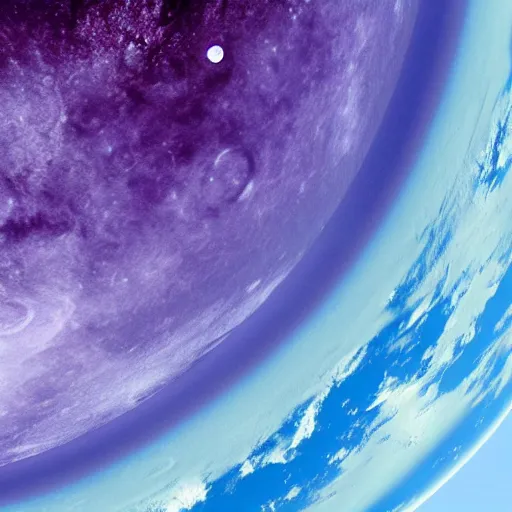 Image similar to close - up of a purple planet from the space with a moon, seas mountains and clouds on its surface,
