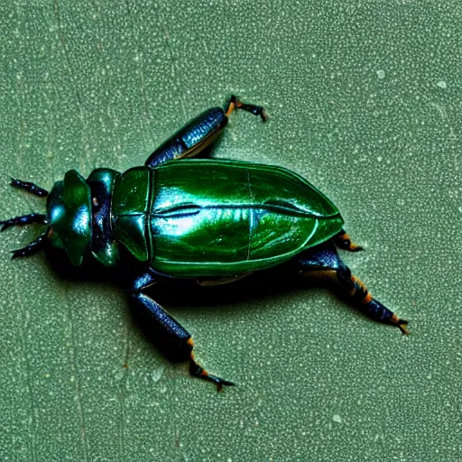 Image similar to hybrid of green beetle and turtle, photorealistic, close - up