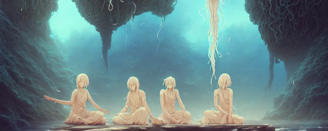 Image similar to A painting of priestesses worshipping at the jellyfish temple, shrouded in mist, jellyfish god, 8K, illustration, art by artgerm and Makoto Shinkai and Hitoshi Ashinano, smoke, cinematic, insanely detailed and intricate, hypermaximalist, elegant, super detailed, award-winning, puce and vermillion, mysterious, ancient, ritual, ethereal, trending in cgsociety, artstation HQ, ornate, elite, haunting, matte painting