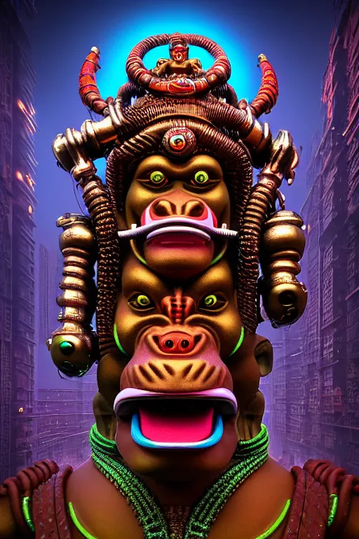 Image similar to high quality 3 d render post - rococo cyberpunk hanuman! head building, neon madhubani, open mouth, highly detailed, in sci - fi mumbai, cinematic smooth unreal engine, lee madgwick & liam wong, dramatic light, low angle, uhd 8 k, sharp focus