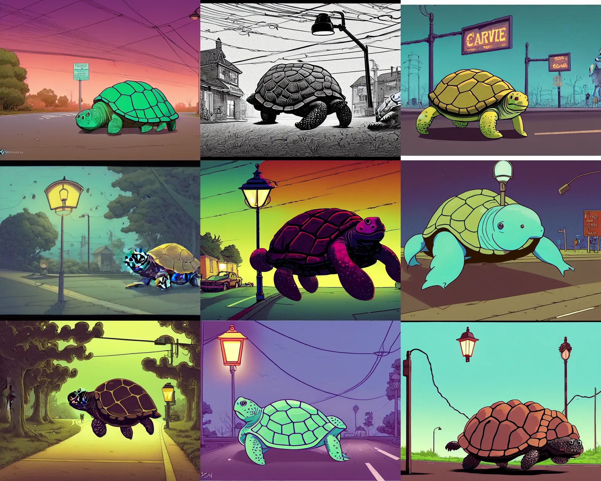 Prompt: a study of cell shaded cartoon of an obese lovecraftian scary turtle on a country road, street lamps, road, illustration, wide shot, subtle colors, post grunge, concept art by josan gonzales and wlop, by james jean, Victo ngai, David Rubín, Mike Mignola, Laurie Greasley, highly detailed, sharp focus, Trending on Artstation, HQ, deviantart, art by artgem