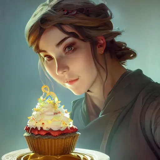 Image similar to a wizard enjoying their birthday cake, art by artgerm and greg rutkowski and alphonse mucha, concept art, octane render, unreal engine 5, highly detailed, high quality, 8 k, soft lighting, realistic face, path traced