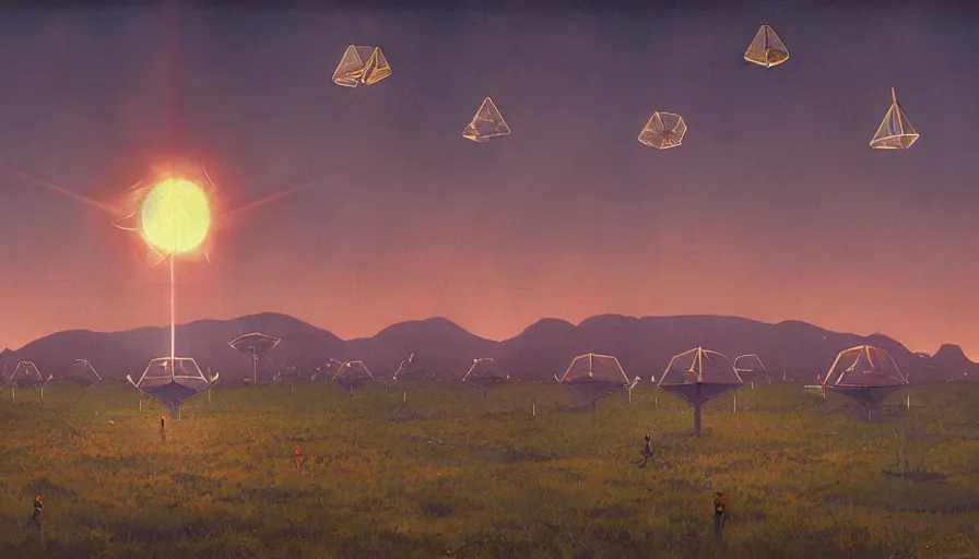 Prompt: hexagonal solar sails floating in front of sun, simon stalenhag