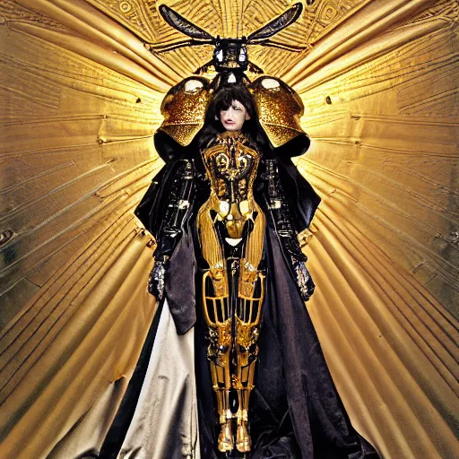 Image similar to wh 4 0 k haute couture scale armour paladin editorial by klimt, biomechanical hornet with metal couture wings by malczewski, ornate wh 4 0 k chaos lord in gold, bismuth and obsidian by giger, on cosmic background by alphonse mucha