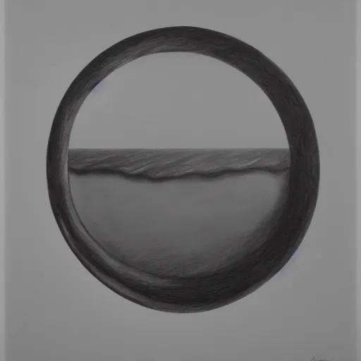 Image similar to a realistic charcoal drawing of a black circular void floating over the ocean in the style of Marco Tirelli, surreal