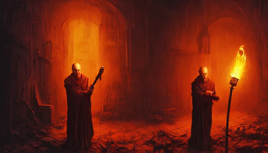 Image similar to grand inquisitor holding a torch, fire village on fon, rotting, fine details, blood, digital art, volumetric lighting, cinematic light, photorealistic, by dan mumford and zdzisław beksinski, by giger, by caravaggio, 4 k,