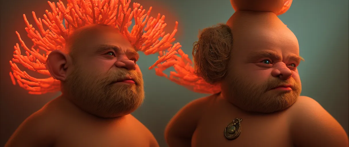 Image similar to hyperrealist highly detailed english medieval portrait of high fashion dwarf dwarfism, lopsided obscure body shape, radiating atomic neon corals, concept art pascal blanche dramatic studio lighting 8k wide angle shallow depth of field