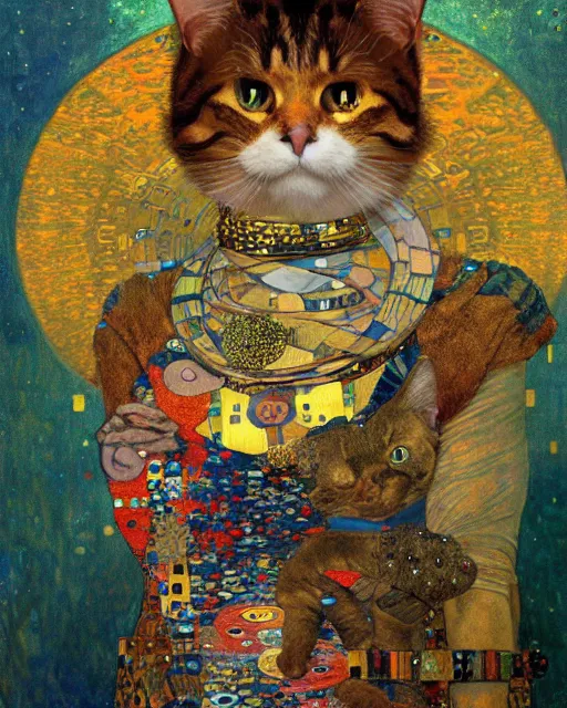 Prompt: adventurer cat portrait an oil painting splashes with many colors and shapes by gustav klimt greg rutkowski and alphonse mucha, polycount, generative art, psychedelic, fractalism, glitch art