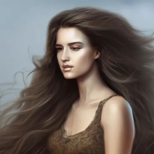 Prompt: A portrait of an attractive young female with beautiful long hair, wind blowing and hair flowing , intricate, highly detailed, elegant, digital painting, trending on artstation