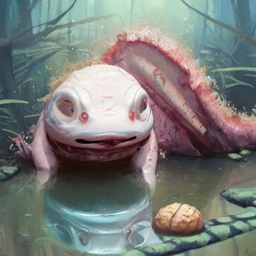 Prompt: Cute marshmallow axolotl crawling from a cacao swamp, oil painting, by Greg Rutkowski