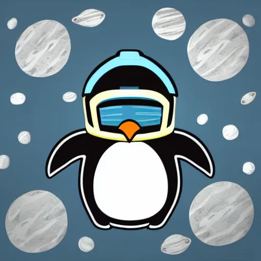 Image similar to cute drawing of a penguin on an astronaut suit, helmet on, floating on space, cartoon style, solid color, symmetric