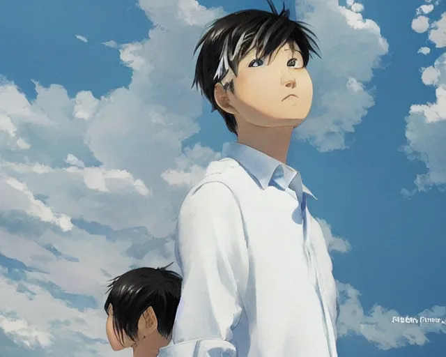 Image similar to boy looking at blue sky, wearing white shirt, facing away, low angle, sharp details, sharp focus, highly detailed, illustration, by pine ( ハイネ ) and 薯 子 imoko and 香 川 悠 作 and wlop and maya takamura, beautiful, trending artstation, pixiv, digital art