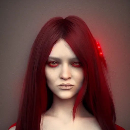 Prompt: portrait of a woman with long black hair and red eyes, wearing a red dress, 4k, detailed face, beautiful, octane render, cgi, cgsociety, dark lighting, artstation, high quality, depth of field, ambient occlusion,