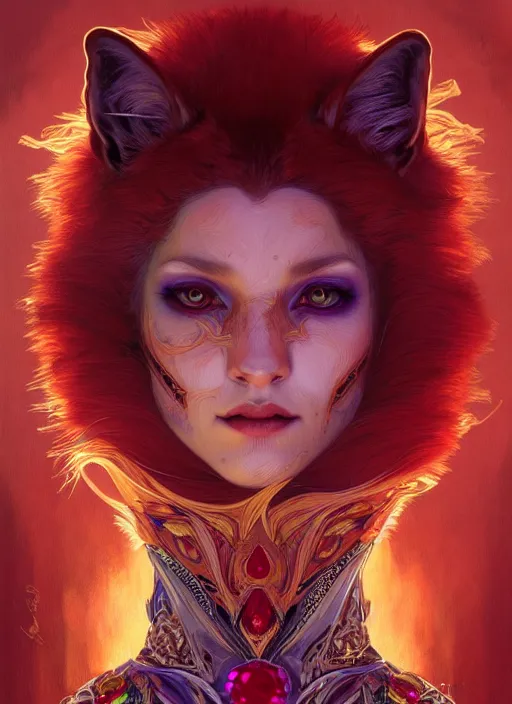 Prompt: psychedelic portrait of a fox as a vampire lord, jewelry, greek, ruby, intricate, headshot, highly detailed, digital painting, artstation, concept art, sharp focus, cinematic lighting, illustration, art by artgerm and greg rutkowski, alphonse mucha, cgsociety