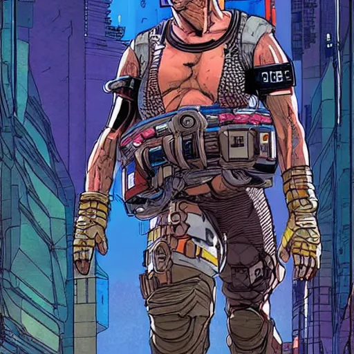 Image similar to Apex legends cyberpunk weightlifter. Concept art by James Gurney and Mœbius.