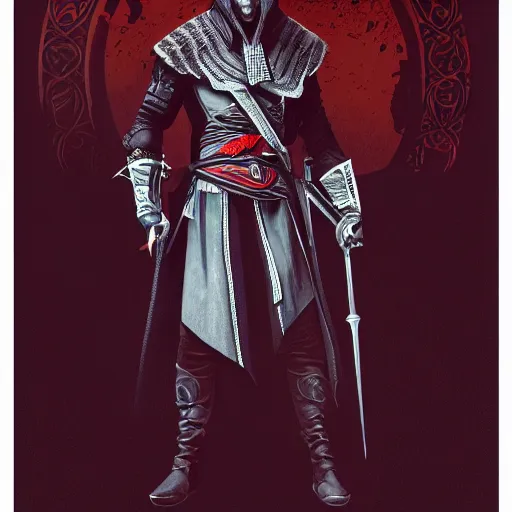 Prompt: an ultra detailed vector image of ezio auditore dressed as the hunter from bloodborne, concept art by alphonse mucha and greg rutkowski, praise the blood moon, octane render, liminal space