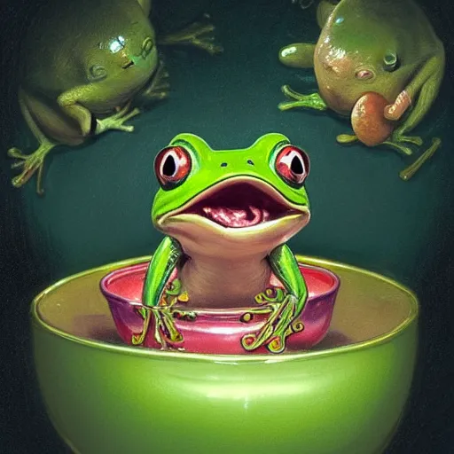 Image similar to playful long shot of a very happy cute frog baby sitting in a searose cup, by esao andrews, by m. w. kaluta, very humorous illustration, small depth of field, perspective perception, volumetric light, warm cosy colors, night scenery, low light, unreal engine 5, 8 k, conceptart, hyperdetailed, hyperrealistic, trending on artstation