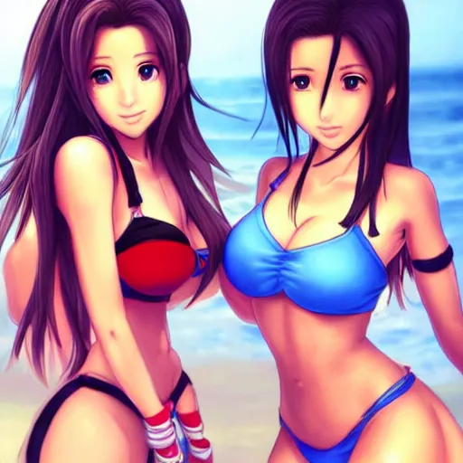 Prompt: beautiful aerith and tifa and jessie from final fantasy in a bikini on the beach making eye contact drawn by artgerm