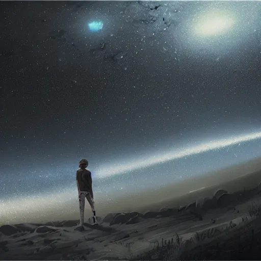 Image similar to a black man with long curly hair, with his back turned, walking into a deep dark florest, Andromeda Galaxy on the sky, digital art by Jeszika Le Vye, wide panoramic shot, 8k, 4k, realistic, detailed, artstationHD, artstationHQ