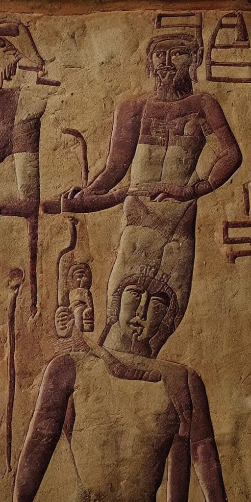 Image similar to sumerian mural of elon musk with ancient car