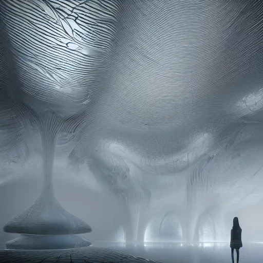 Image similar to fantasy art, parametric architecture, jeanne gang, exoskeleton, octane render, hyper - detailed render, 8 k, cinema 4 d, unreal engine, caustics, glowing, back - lit, moody, fog, stormy, revo