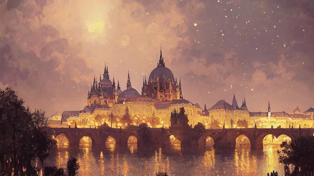 Image similar to a beautiful painting of a view from the river of a arabian prague cathedral palaces, at night with a sky full of stars, intricate, elegant, highly detailed, digital painting, artstation, concept art, by krenz cushart and artem demura and alphonse mucha