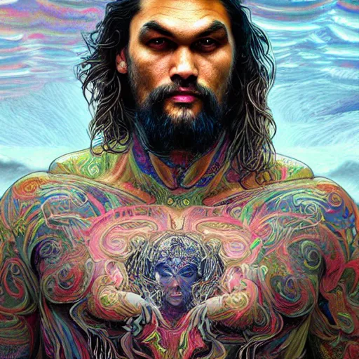 Image similar to portrait of jason momoa, hyper detailed masterpiece, neon floral pattern, jean giraud, digital art painting, darkwave goth aesthetic, psychedelic, artgerm, donato giancola and tom bagshaw