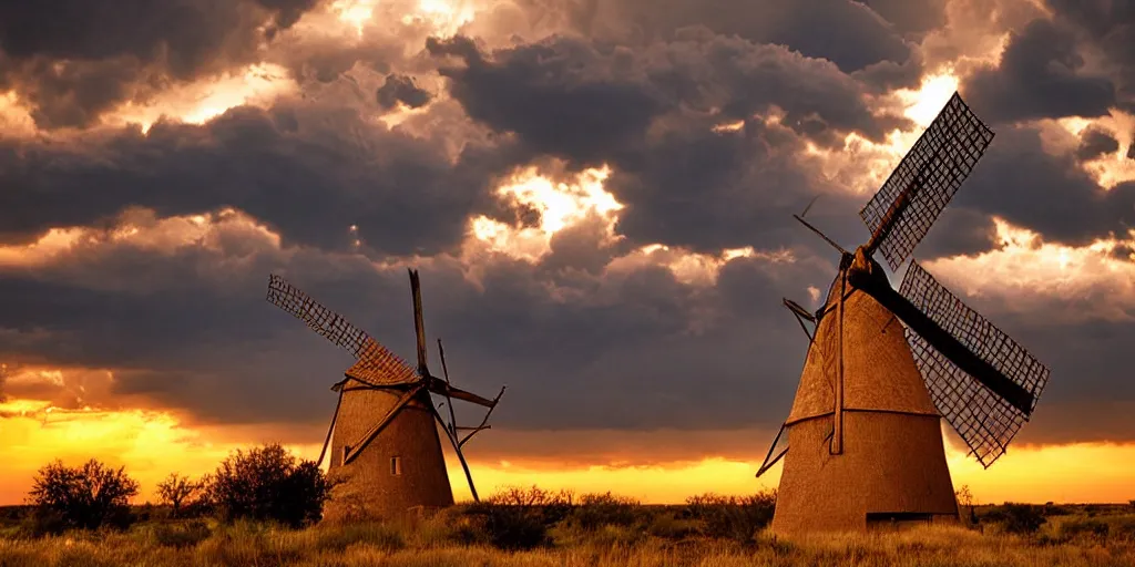 Image similar to photo of a stormy west texas sunset, perfect rustic windmill, film photo, lightning, golden hour, high quality, beautiful!!!