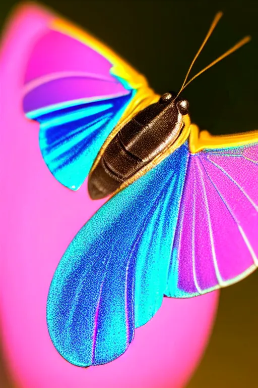 Prompt: high quality macro photo silky iridescent moth! jewelled gorgeous! highly detailed david ligare elson peter cinematic blue neon lighting high quality low angle hd 8k sharp shallow depth of field