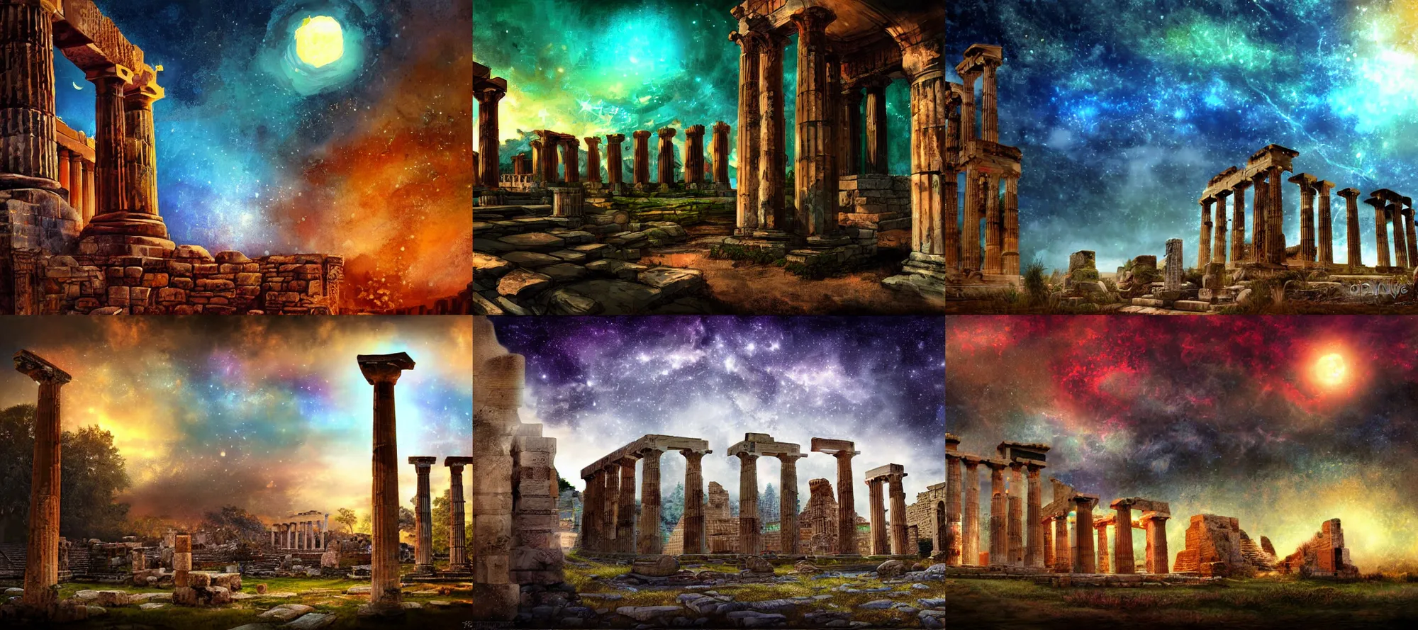 Prompt: close shot, ancient greek ruins, digital painting, concept art, fantasy, colourful, night sky stars, mystic atmosphere