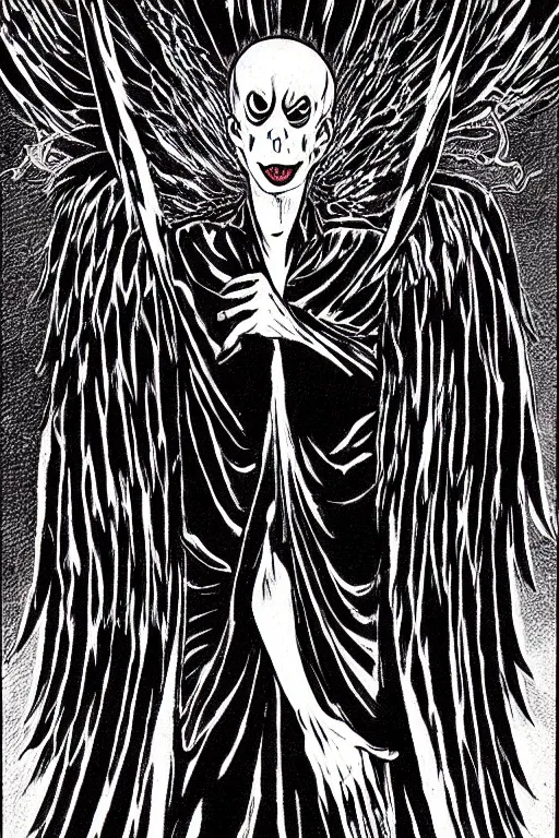 Image similar to angel of death smiling in the dark night, art by takeshi ohbata, junji ito